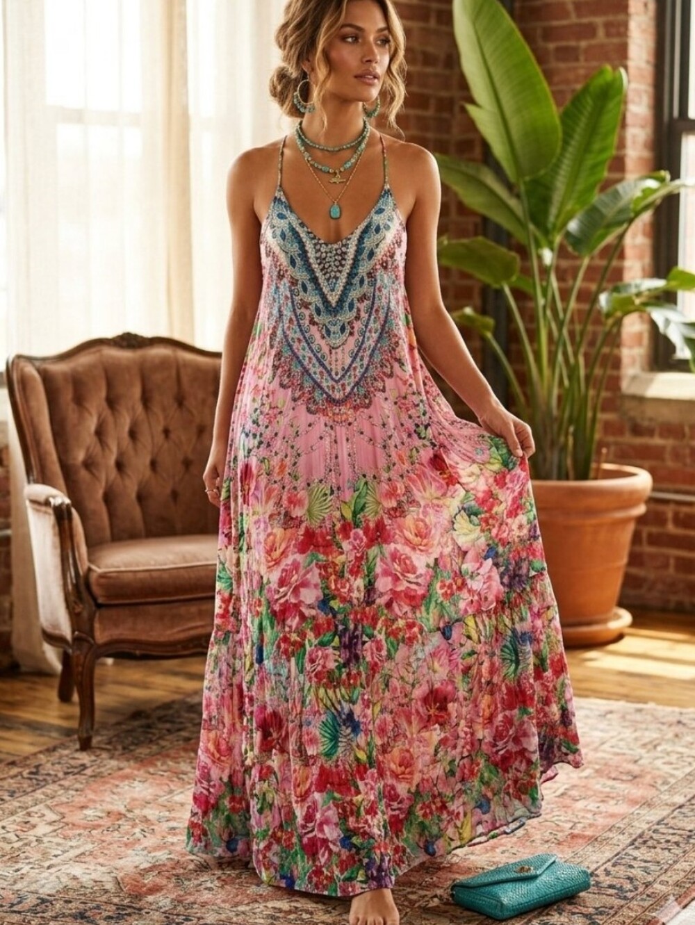 True Colours By La Moda Clothing 100% Silk Vibrant Floral Maxi Dress, S/M